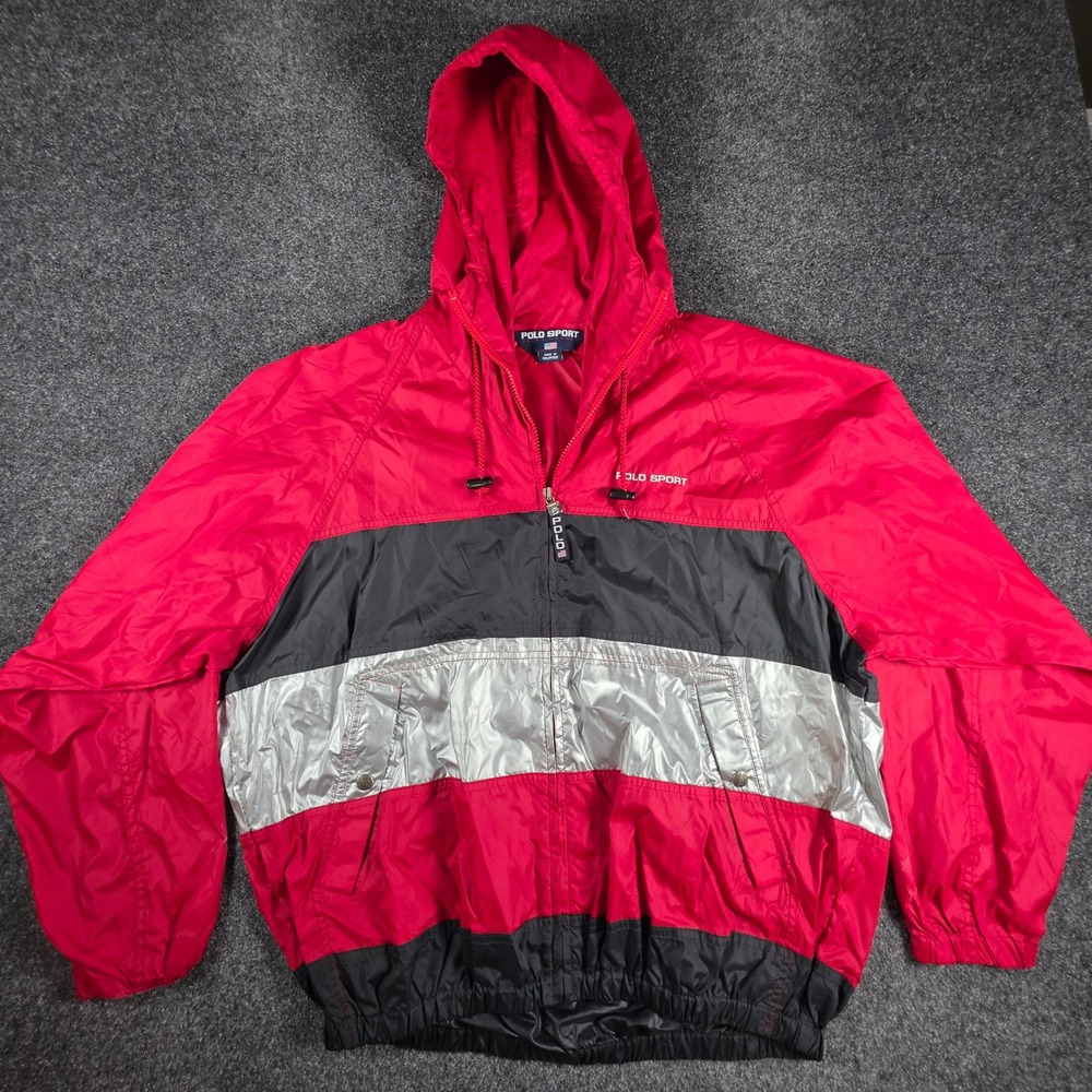 VTG Polo Sport Windbreaker Mens Medium Red Colorblock Hooded Jacket